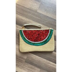 Watermelon Sequin Straw Wristlet Womens OS Tan Red Excellent Summer Bag